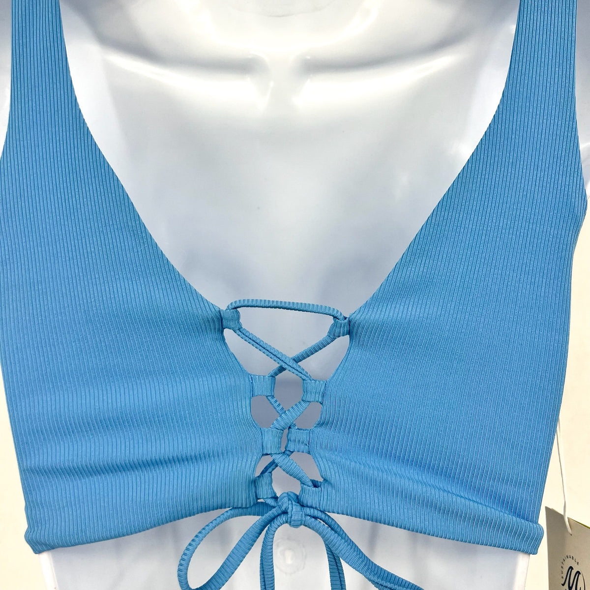 MAAJI Women's Long Line Triangle Bikini Top Medium Allure Blue Lace Up Back NWT