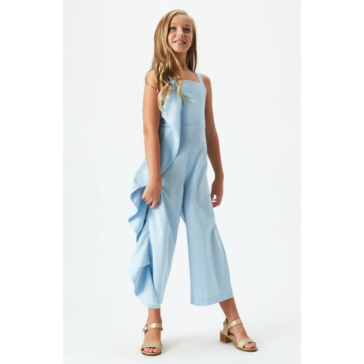BARDOT JUNIOR Girl's Nelly Ruffle Jumpsuit Size 10 Sky Blue Square Neck NWT