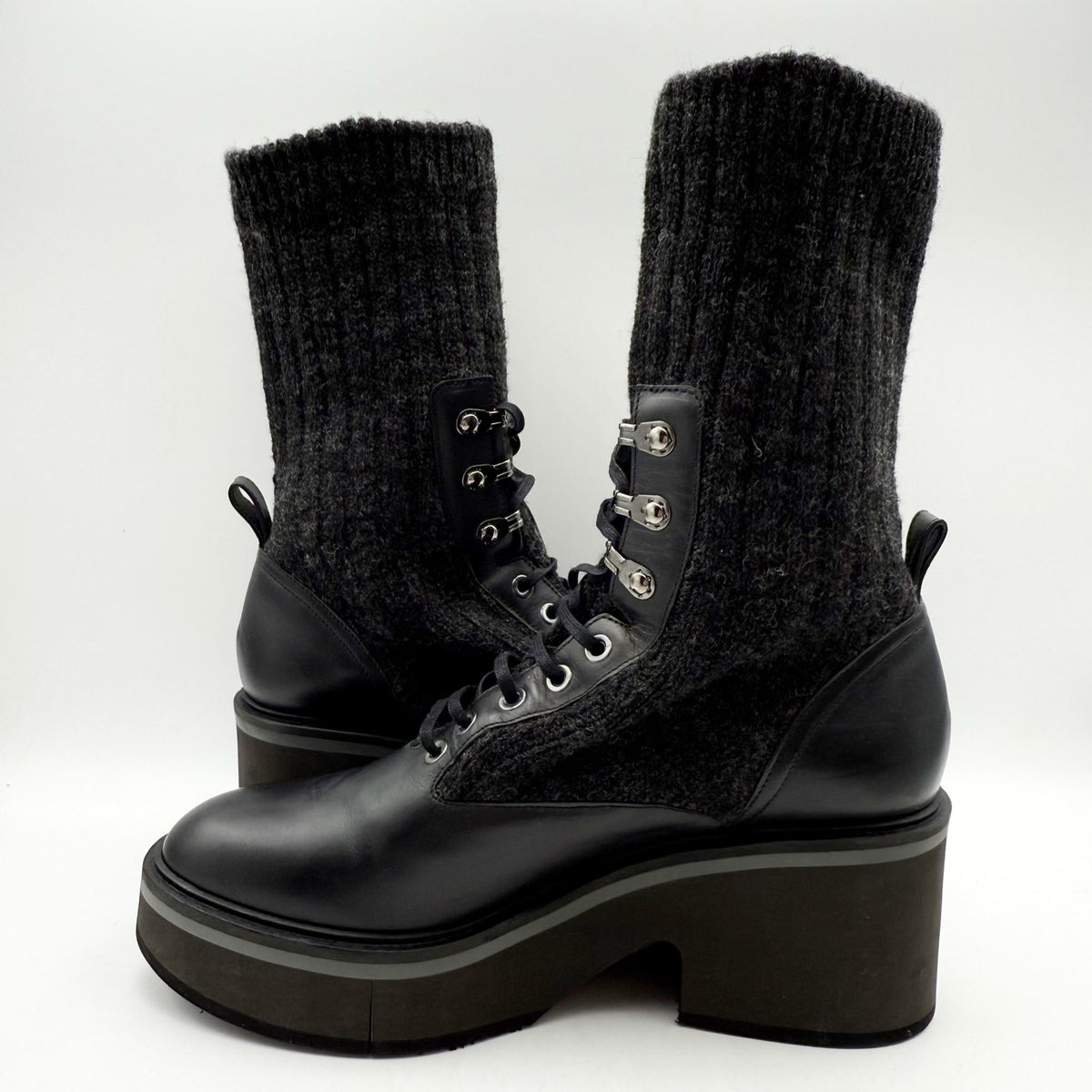 Robert Clergerie Womens Ancel Boots Size 10 EU 40 Black Calfskin Knit Combat NIB