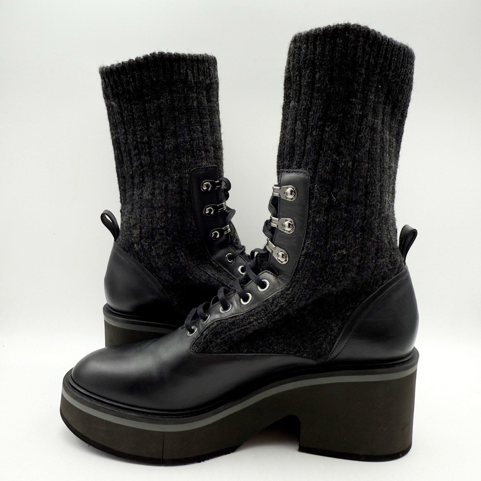 Robert Clergerie Womens Ancel Boots US 10 EU 40 Black Calfskin Knit Combat NIB