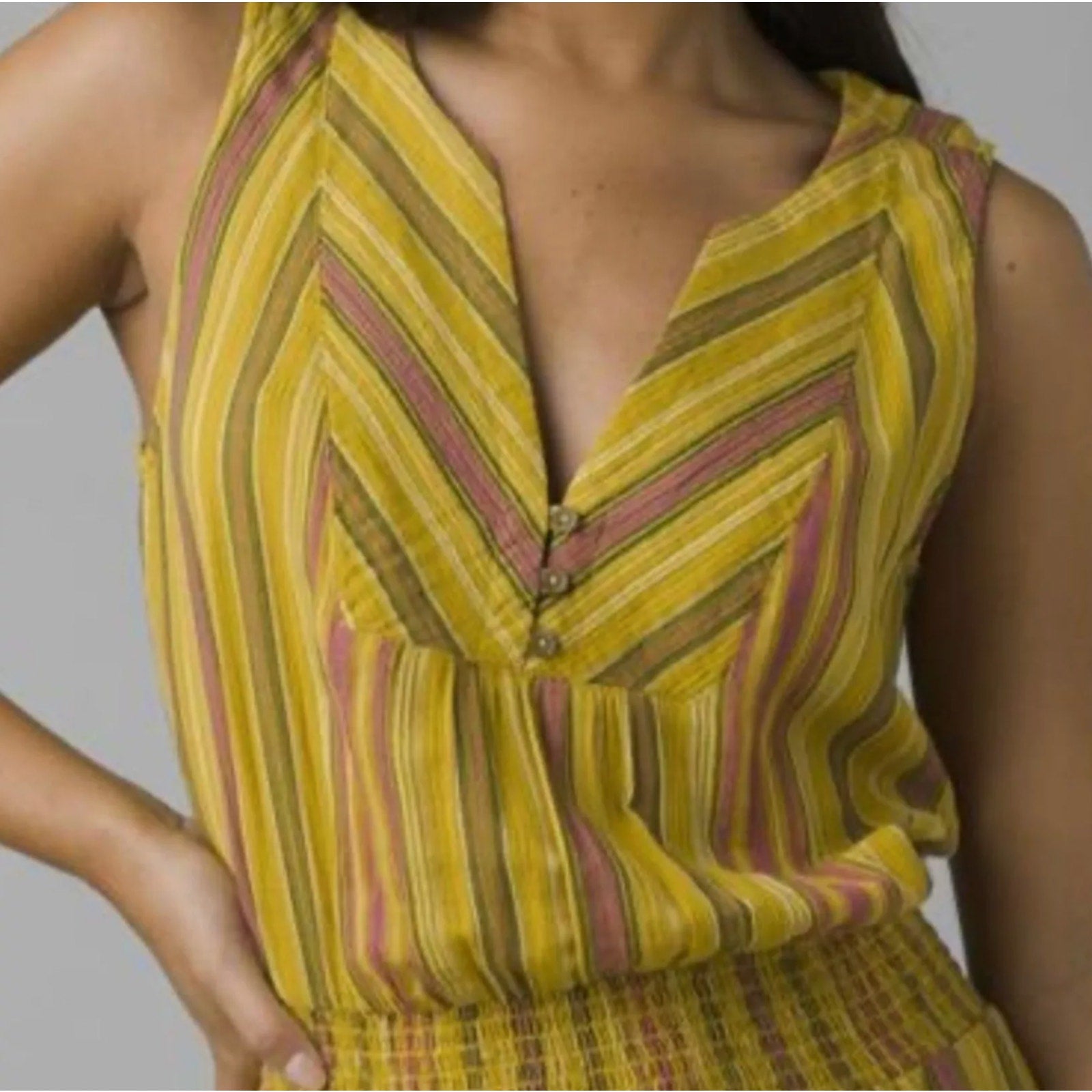 PRANA Womens California Dreaming Midi Dress Small Yellow Stripe Sleeveless NWT