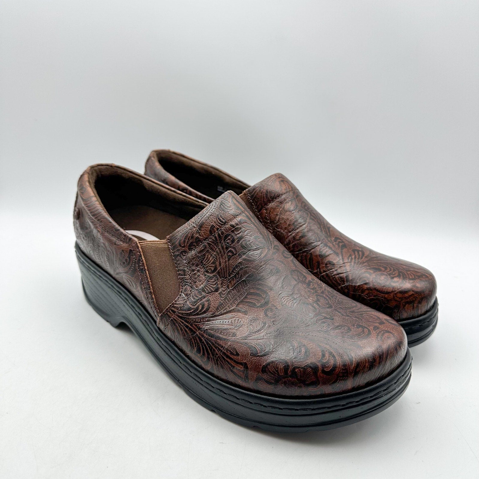 KLOGS FOOTWEAR Womens Naples Clogs Size 10 Wide Brown Embossed Floral SR NWOB