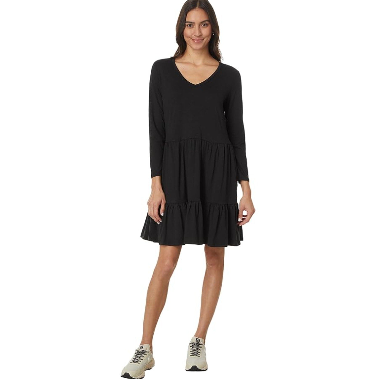 TOAD&CO Womens Marley Tiered Dress Medium Black V Neck Long-Sleeve NWOT