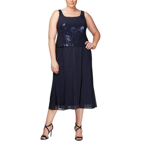 ALEX EVENINGS Chiffon & Sequin Dress & Jacket Set 18W Navy Blue Formal NWT