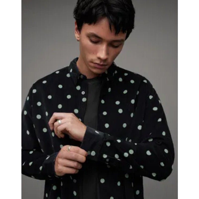 ALLSAINTS Men's Ocular Corduroy Shirt Small Black Long Sleeve Polka Dot NWT