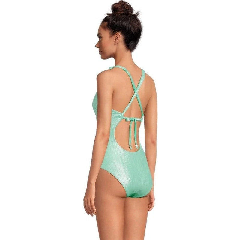 BECCA Oragami Textured Knotted One Piece Swimsuit Small Green Aqua Sea NWT
