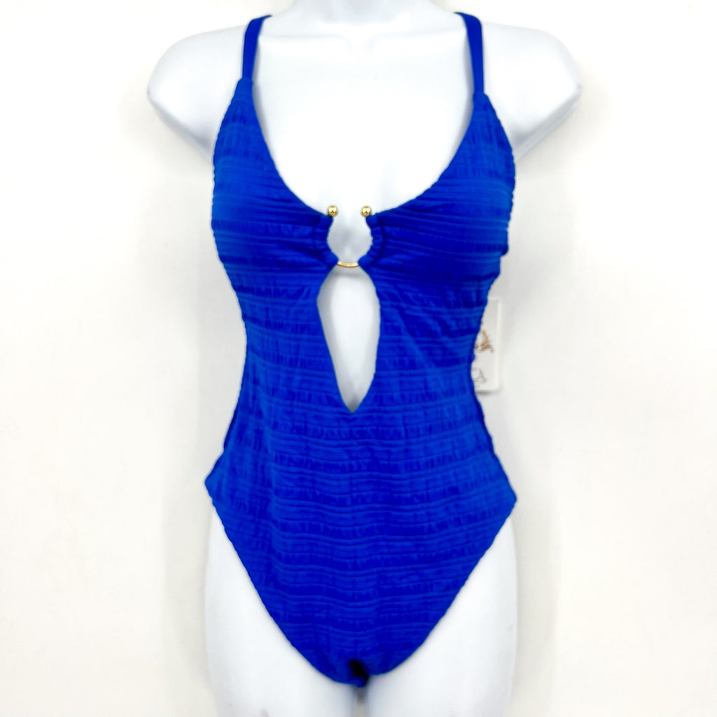 BECCA Coast Ariyah Plunge One Piece Swimsuit Medium Ultramarine Blue Ribbed NWT