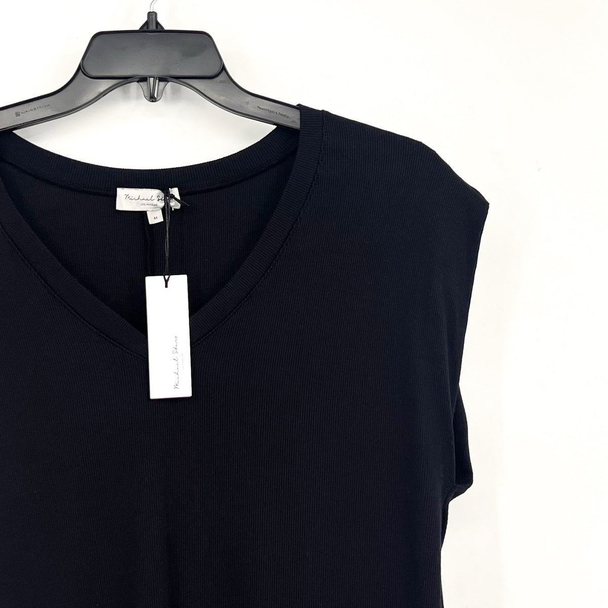 MICHAEL STARS Women's Tati V-Neck Power Shoulder Top Medium Black NWT