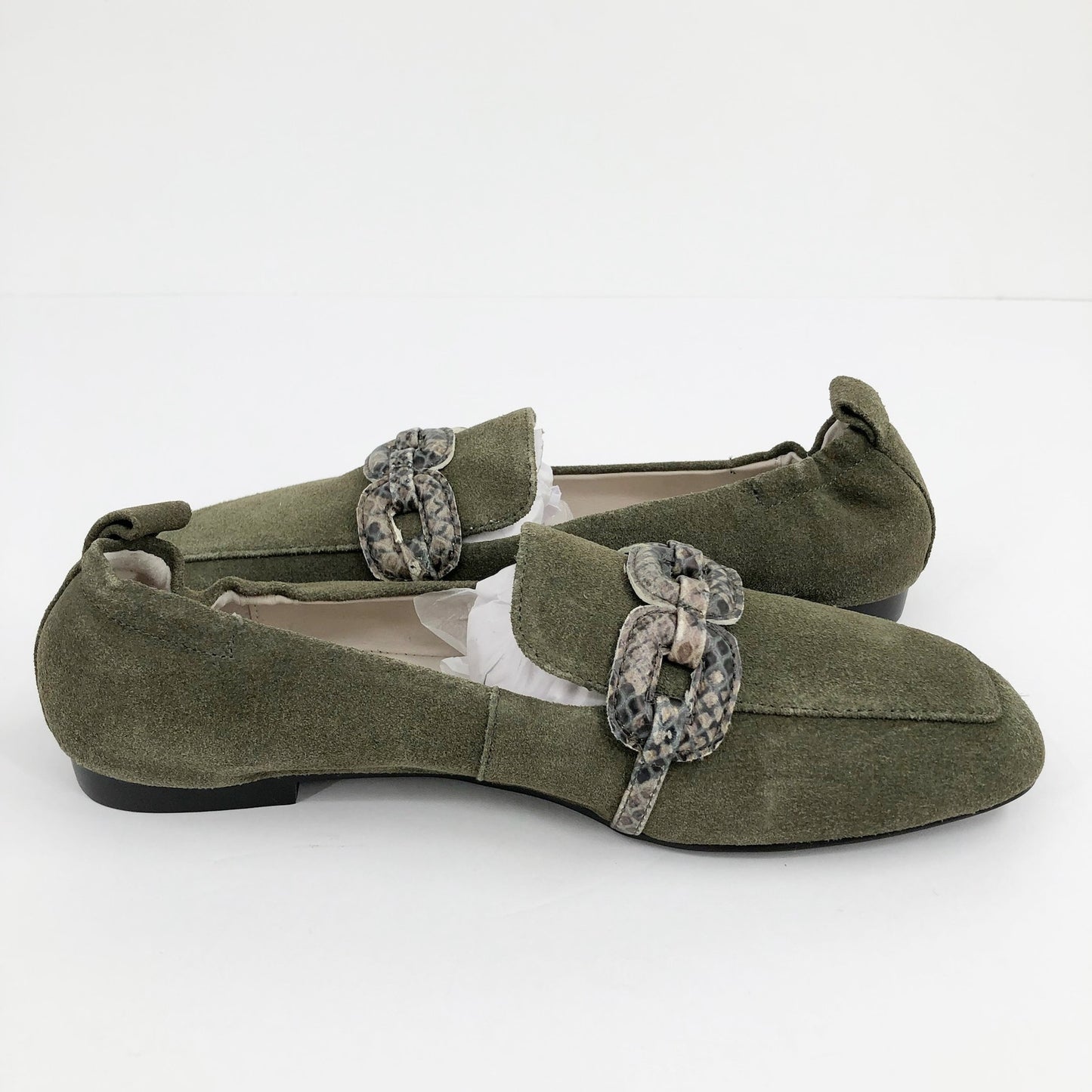 SANCTUARY Blast Suede Loafers 6.5 Olive Green Python-Embossed Bit NWOB