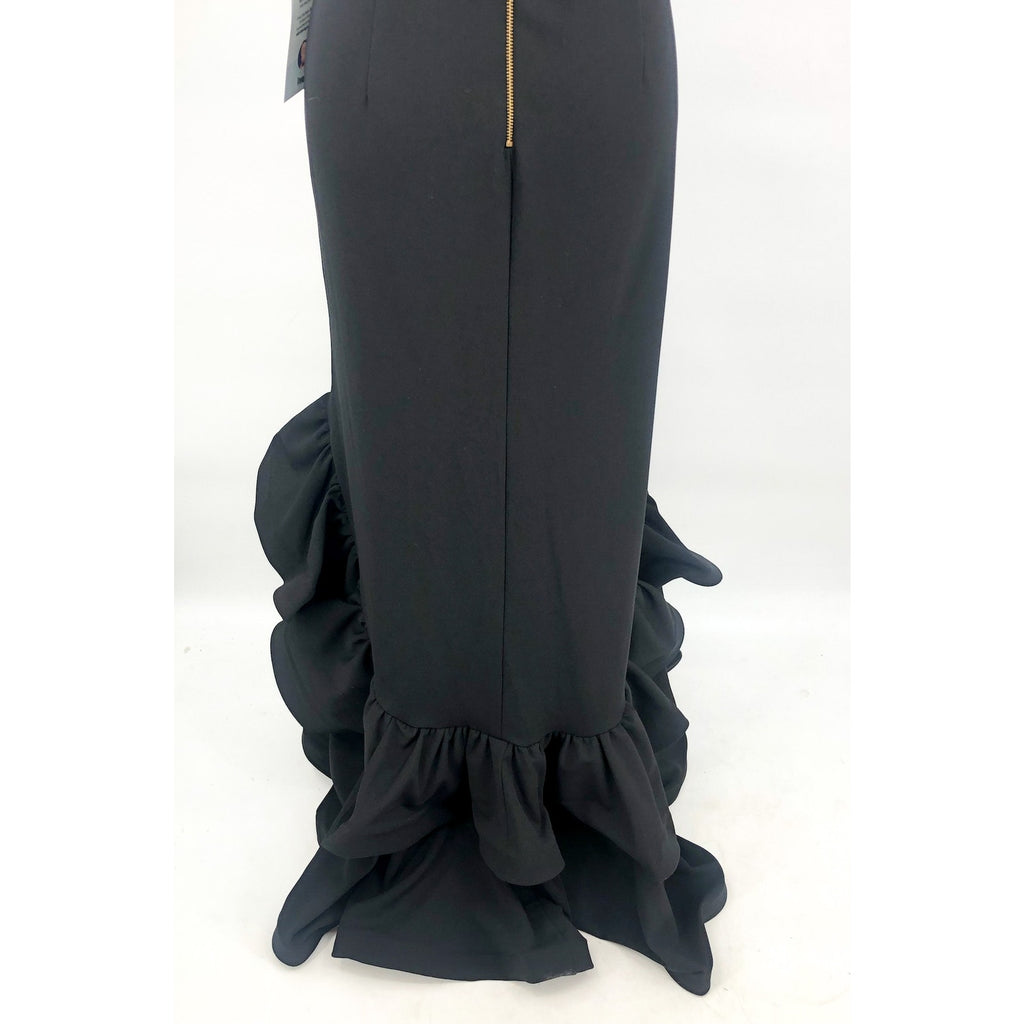 BETSY & ADAM Womens Arielle Scuba Crepe Ruffle Slit Gown 12 Black Sleeveless NWT