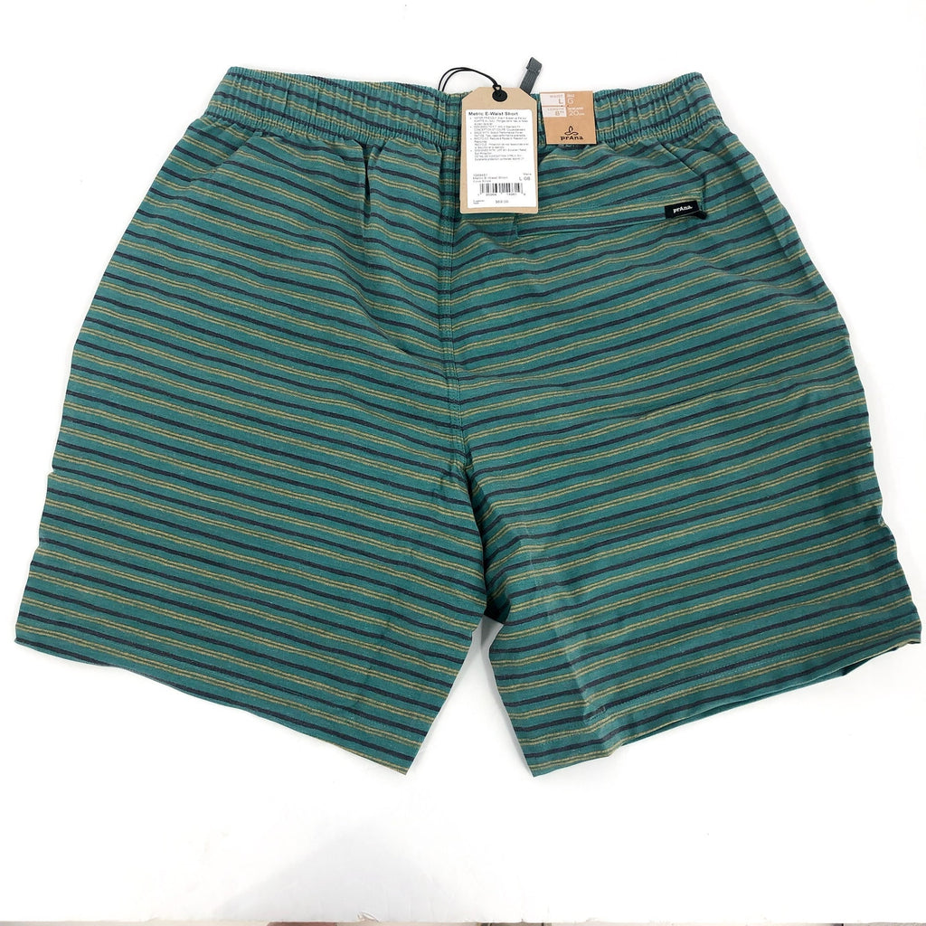 PRANA Men's Metric Swim Shorts Large Green Blue Cove Stripe 8" Inseam NWT