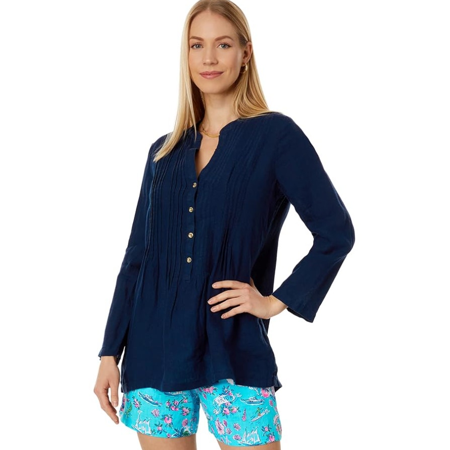 LILLY PULITZER Womens Sarasota Tunic Top XS True Navy Blue 100% Linen NWT