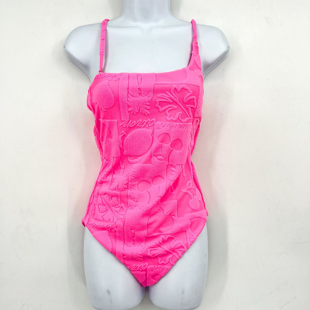 BEACH RIOT Women's Athena One-Piece Swimsuit Small Bright Pink Print Terry NWT