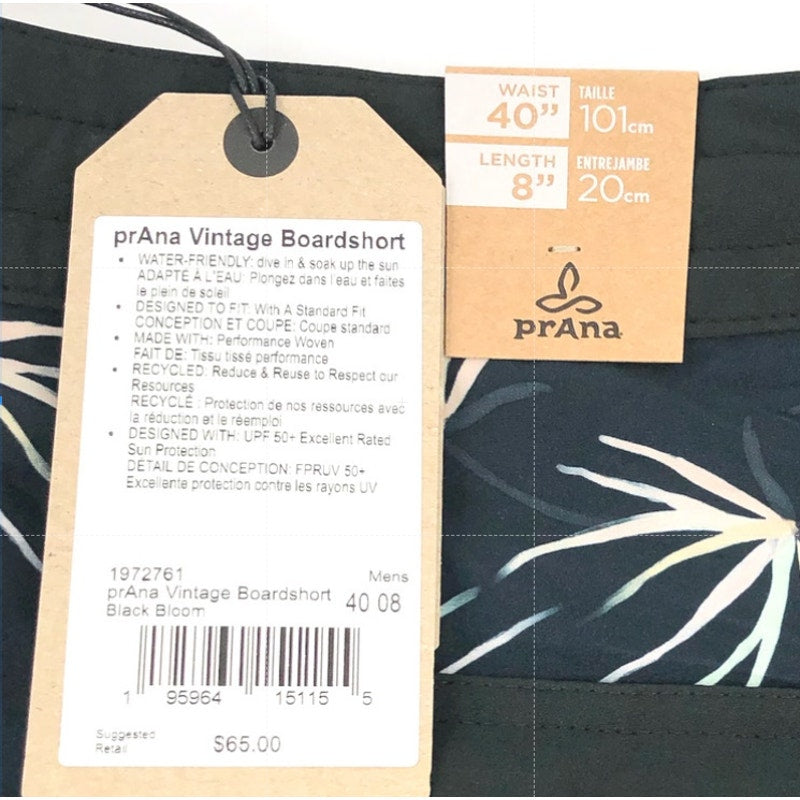 PRANA Men's Vintage Boardshort XXL 40 Black Bloom 8" Inseam Drawstring NWT