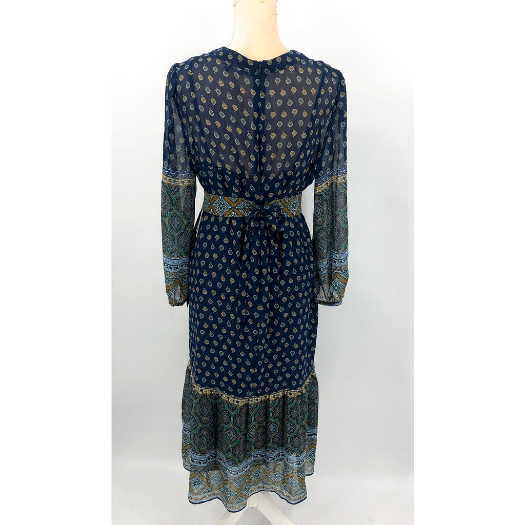 JULIA JORDAN Women's Boho Midi Dress Size 12 Navy Blue Mixed Paisley NWT
