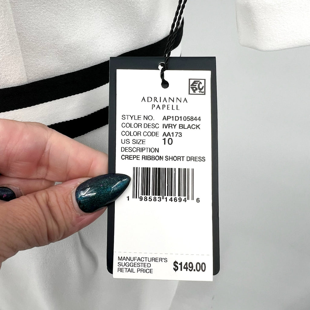 ADRIANNA PAPELL Women's Crepe Ribbon Dress Size 10 Ivory Black Knee Length NWT