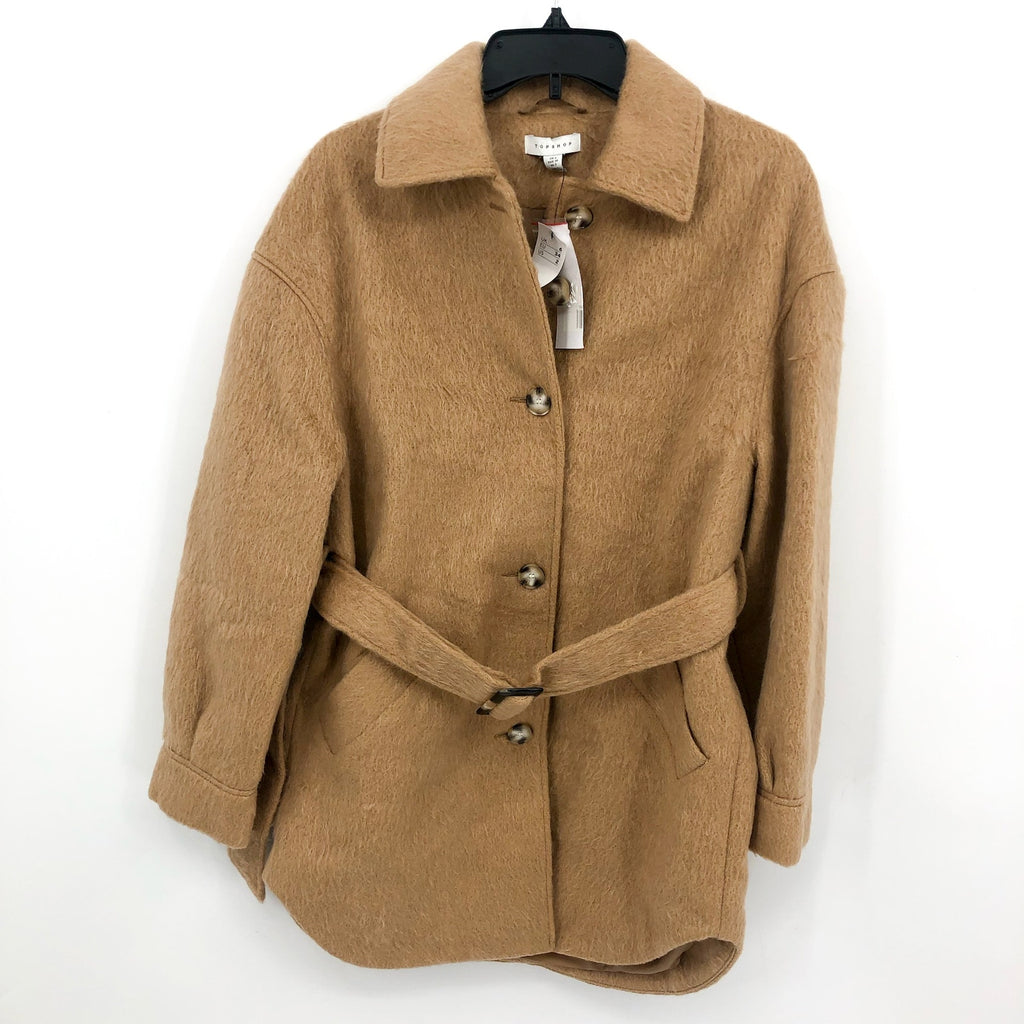 TOPSHOP Women's Brushed Shacket Size 2 Tan Camel Belted Long Sleeve NWT