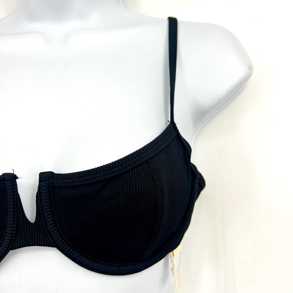 L*SPACE Women's Hunter Underwire Bikini Top Small Black V Front Tie Back NWT