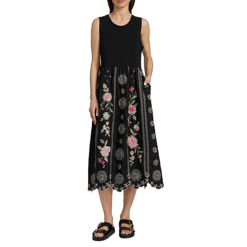 JOHNNY WAS Della Tank Midi Dress Medium Black Floral-Embroidered Linen NWT
