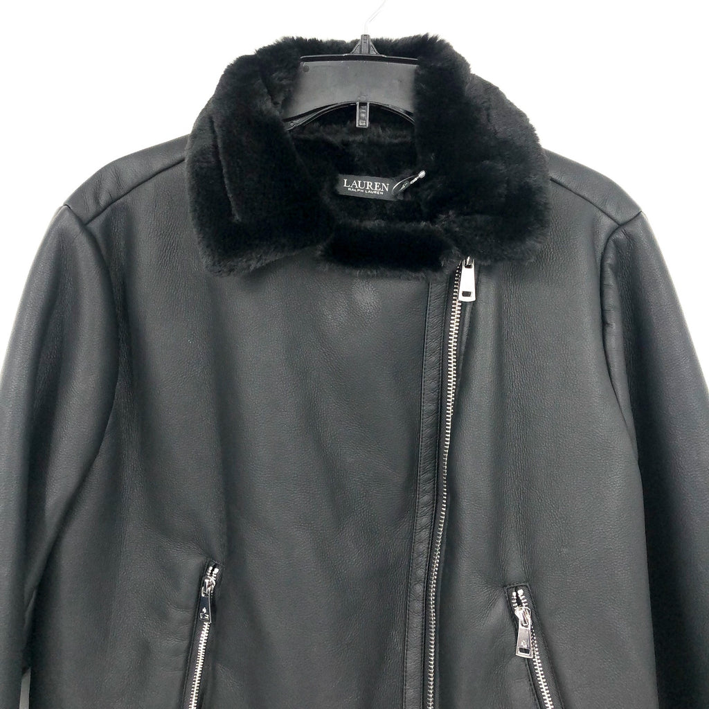 LAUREN RALPH LAUREN Womens Moto Jacket XL Black Faux Leather Shearling NWT