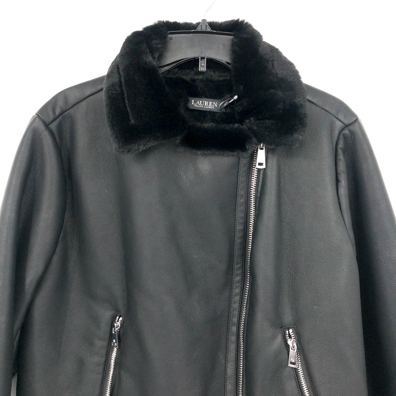 LAUREN RALPH LAUREN Womens Moto Jacket XL Black Faux Leather Shearling NWT