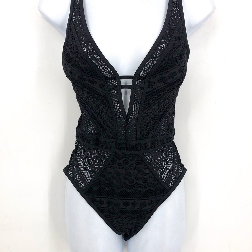 BECCA Womens Color Play Crochet Plunge One Piece Swimsuit XL Black NWT