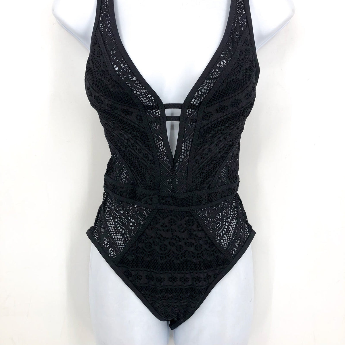 BECCA Womens Color Play Crochet Plunge One Piece Swimsuit XL Black NWT