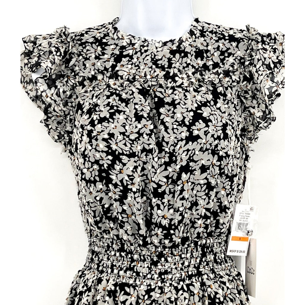 CECE Women's Floral Print Midi Dress Small Black White Smocked Waist NWT