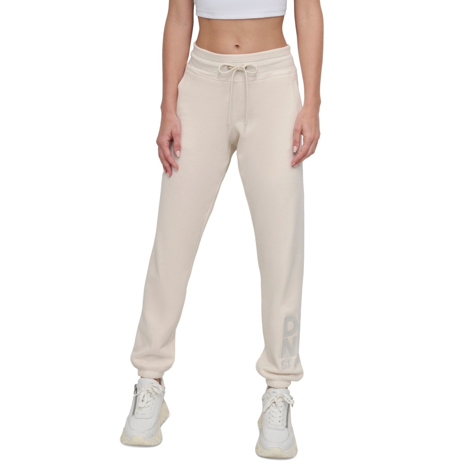 DKNY Womens Stacked Logo Relaxed Joggers XL Cream Embroidered Sweatpants NWT