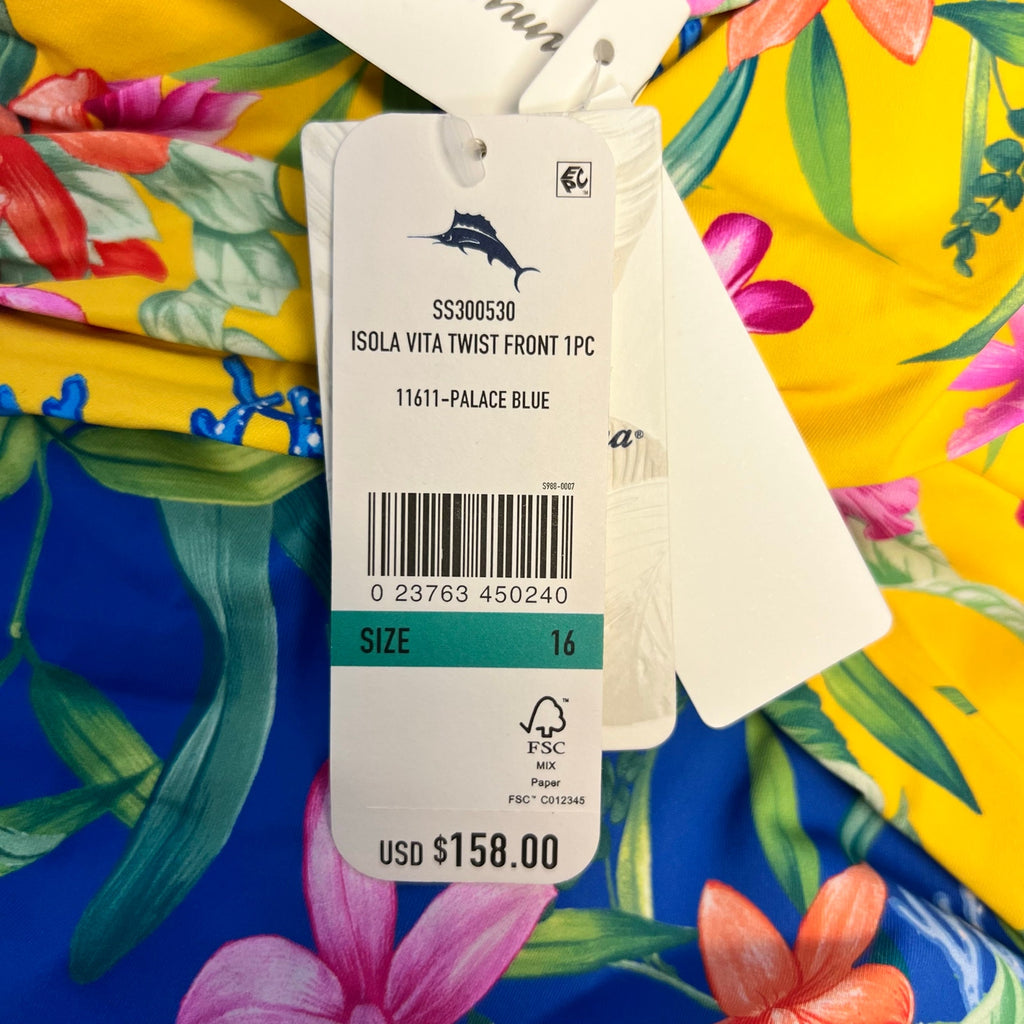 TOMMY BAHAMA Womens Isola Vita One-Piece Swimsuit Size 16 Yellow Blue Floral NWT