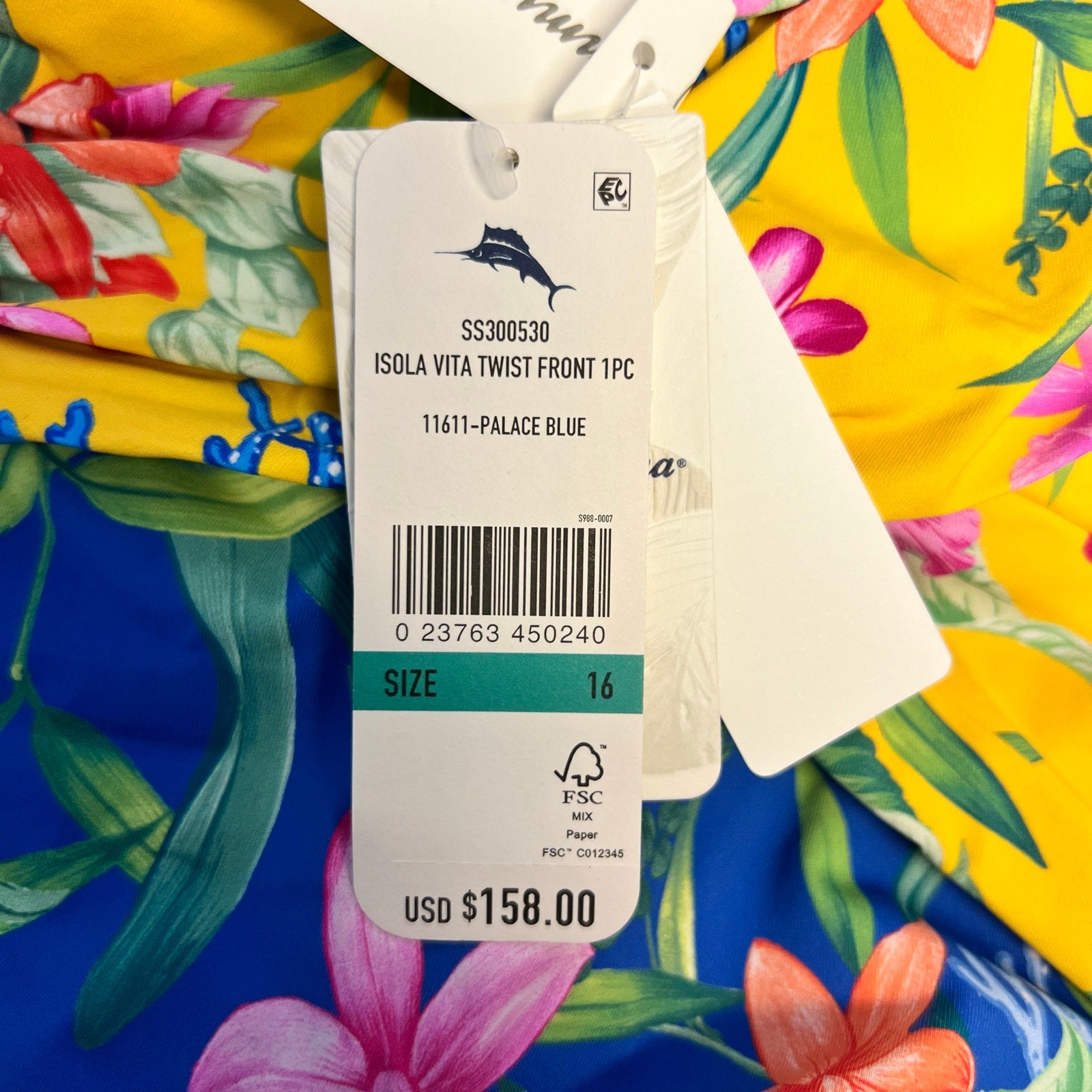 TOMMY BAHAMA Womens Isola Vita One-Piece Swimsuit Size 16 Yellow Blue Floral NWT