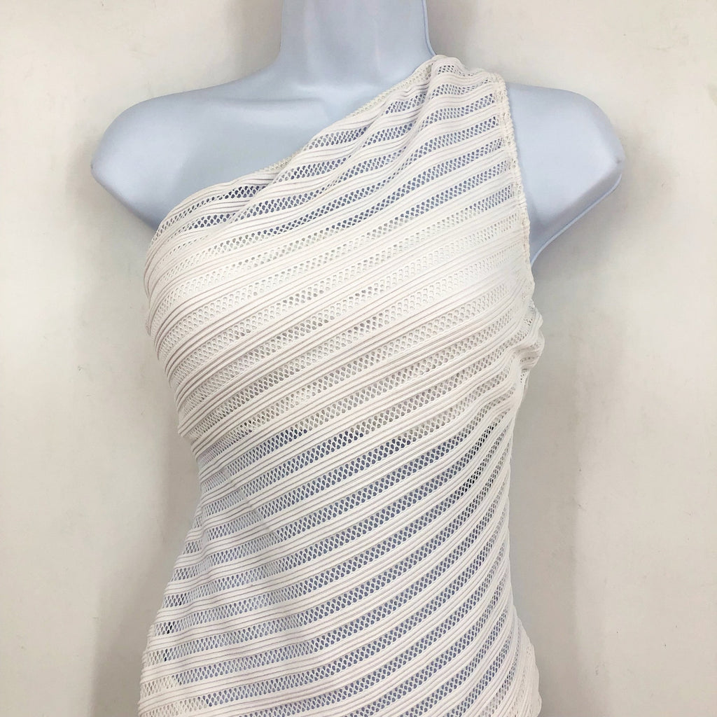 RALPH LAUREN Ottoman Mesh One-Piece Swimsuit Size 12 White One Shoulder NWT