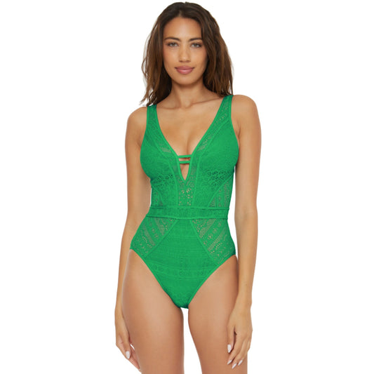 BECCA SWIM Women's Color Play Plunge One Piece Swimsuit Green Verde XS