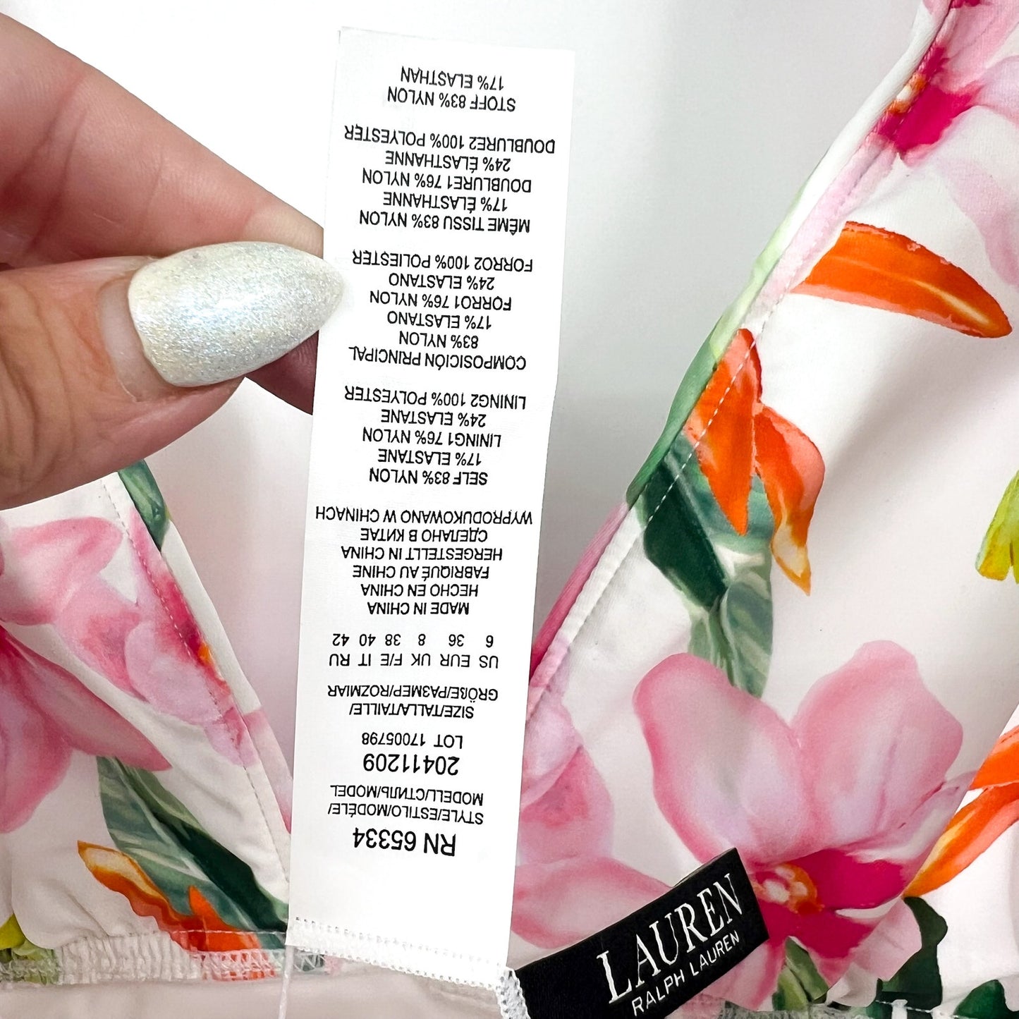 LAUREN RALPH LAUREN Plunge One Piece Swimsuit 6 White Watercolor Floral NWT