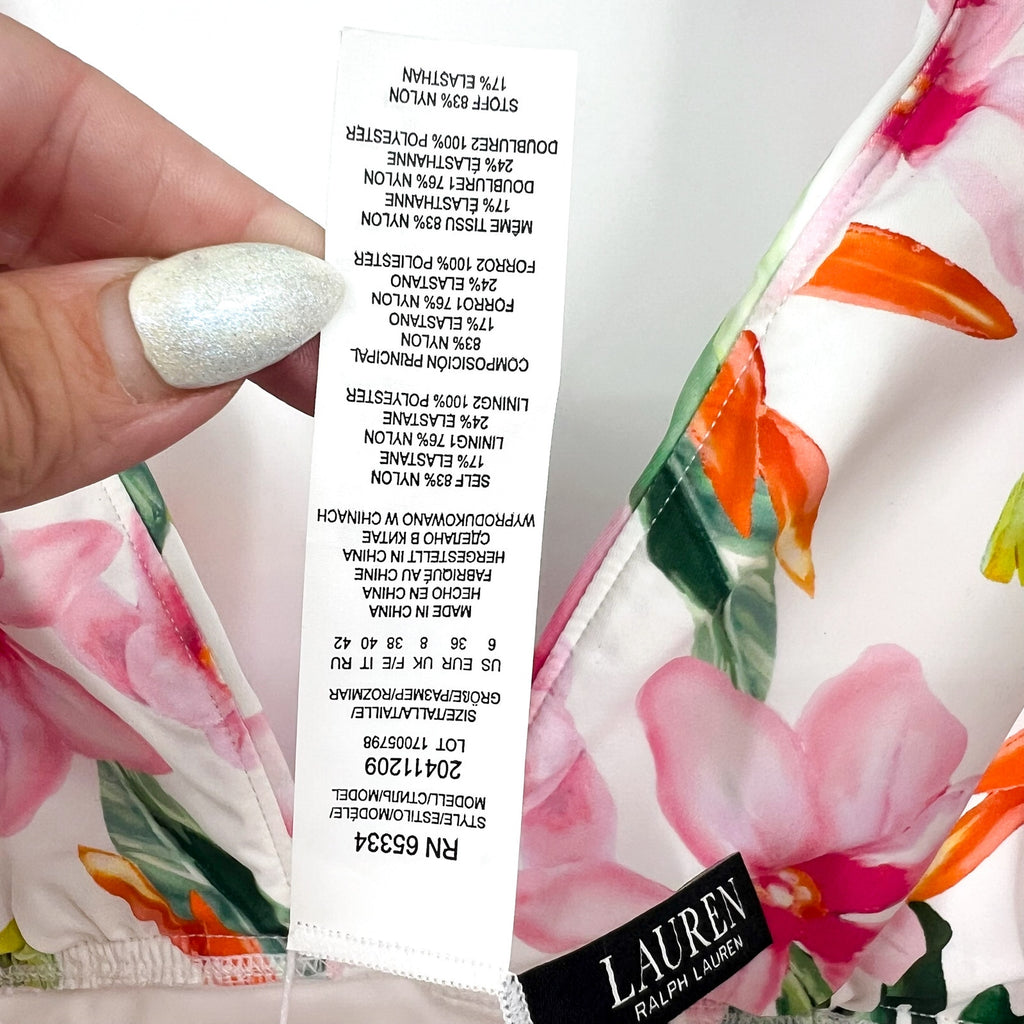 LAUREN RALPH LAUREN Plunge One Piece Swimsuit 6 White Watercolor Floral NWT