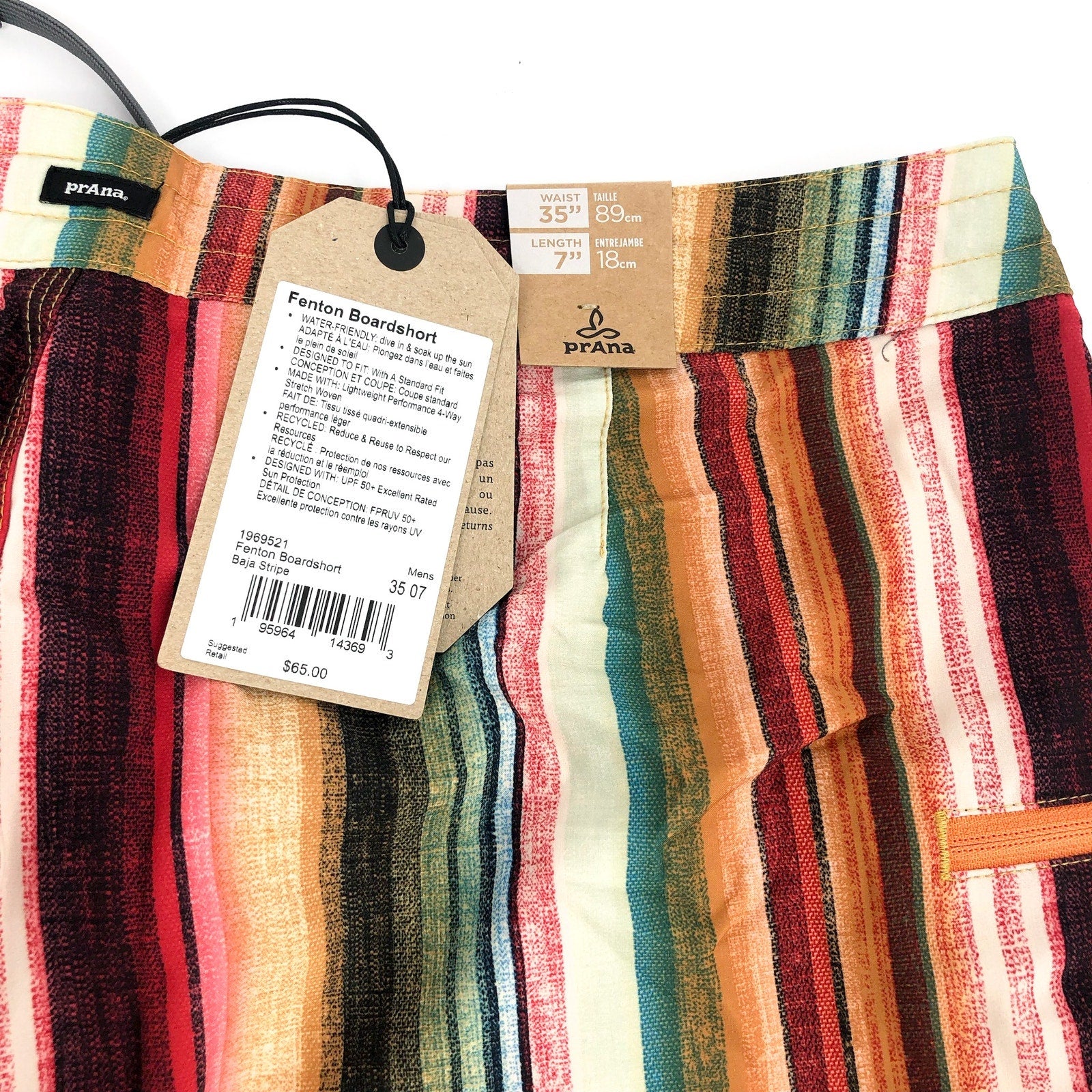 PRANA Mens Fenton Board Shorts Size 35 Large Multi Baja Stripe 7" Inseam NWT