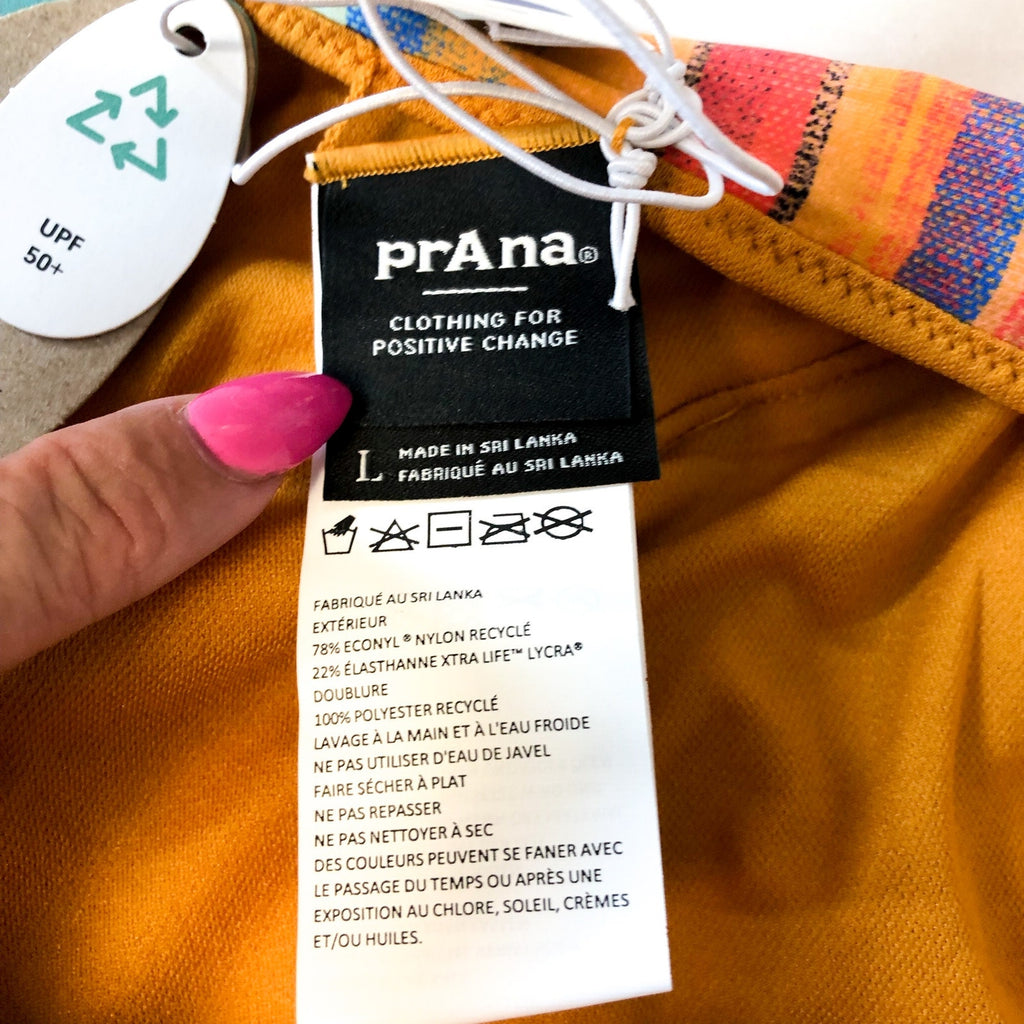 PRANA Womens Presolana Bikini Bottoms Large Gold Baja Stripe Hipster Swim NWT