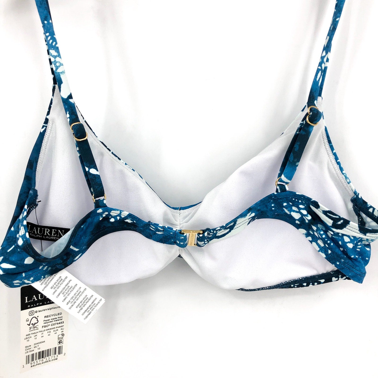 LAUREN RALPH LAUREN Patchwork Bikini Top Size 10 Blue Indigo Scoop Shirred NWT