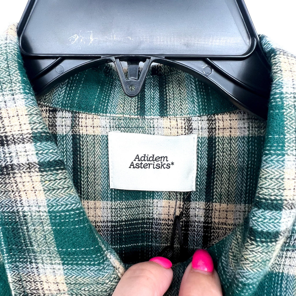 ADIDEM ASTERISKS Men's Button Down Flannel Shirt Small Green Plaid NWOT