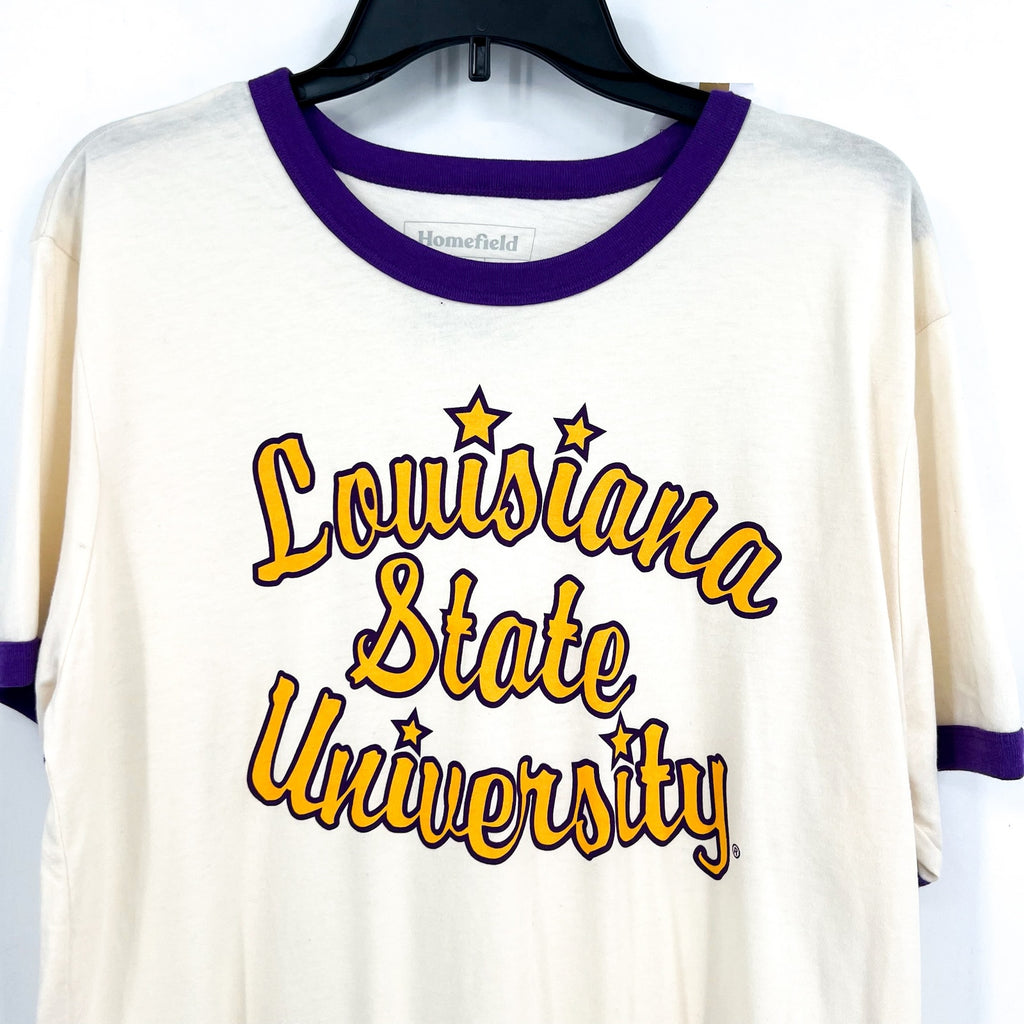 HOMEFIELD Womens LSU Retro Script Graphic T Shirt XL Off White Short Sleeve NWT