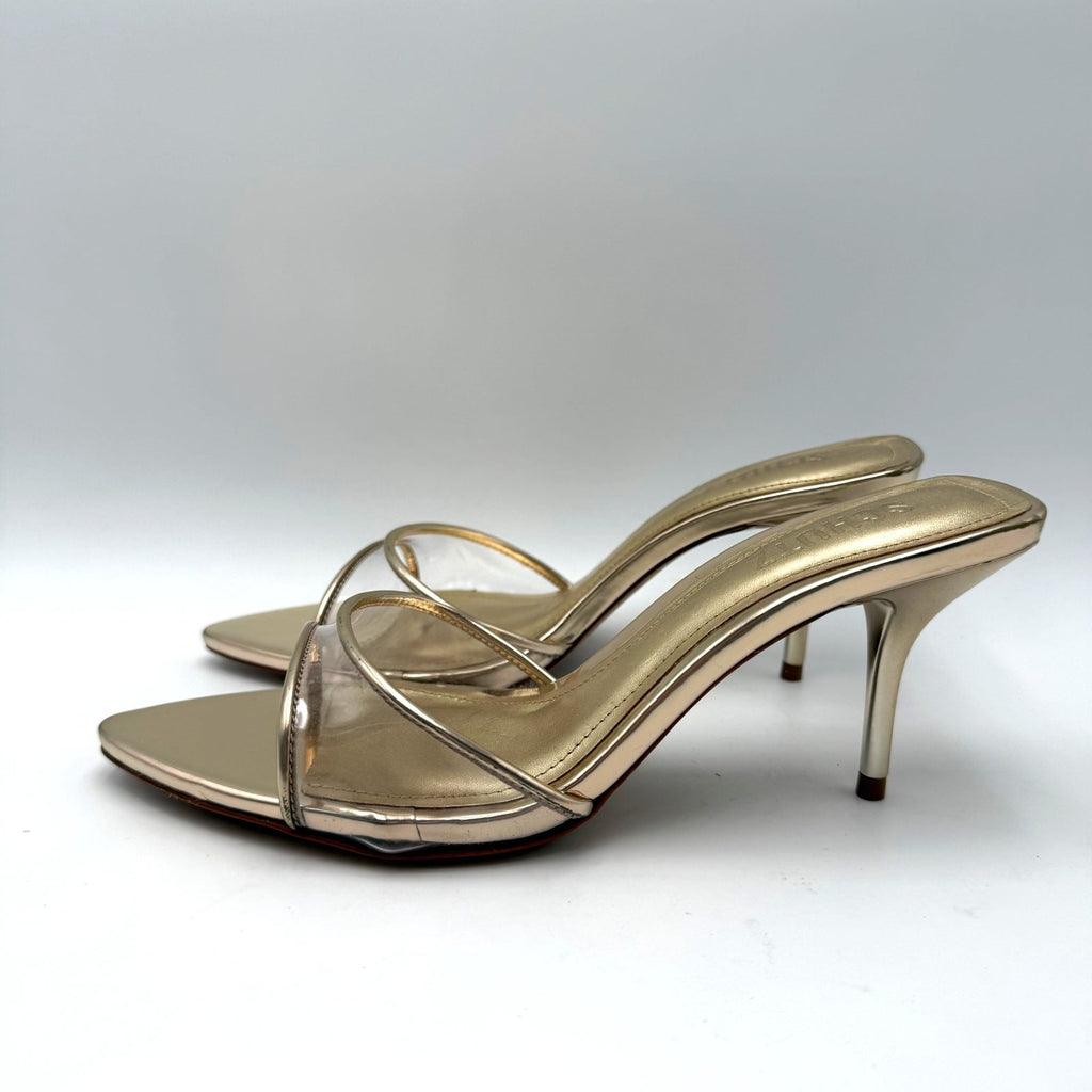 Schutz Womens Elodie Vinyl Heeled Mule Sandals Size 7.5 Platinum Gold NIB