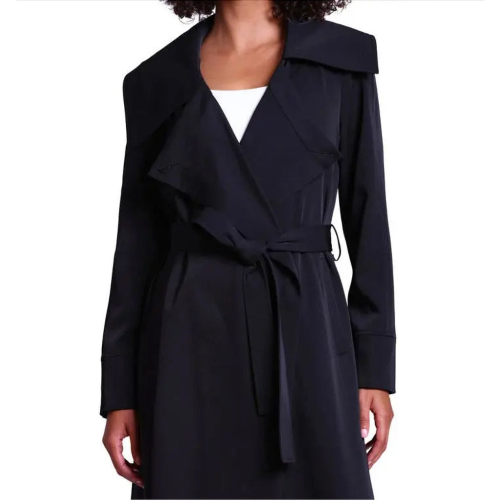 AVEC LES FILLES Womens Drape-Front Trench Coat Medium Black Belted Stretch NWT