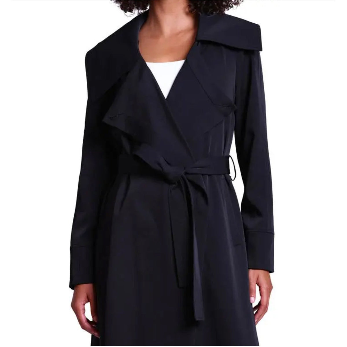 AVEC LES FILLES Womens Drape-Front Trench Coat Medium Black Belted Stretch NWT