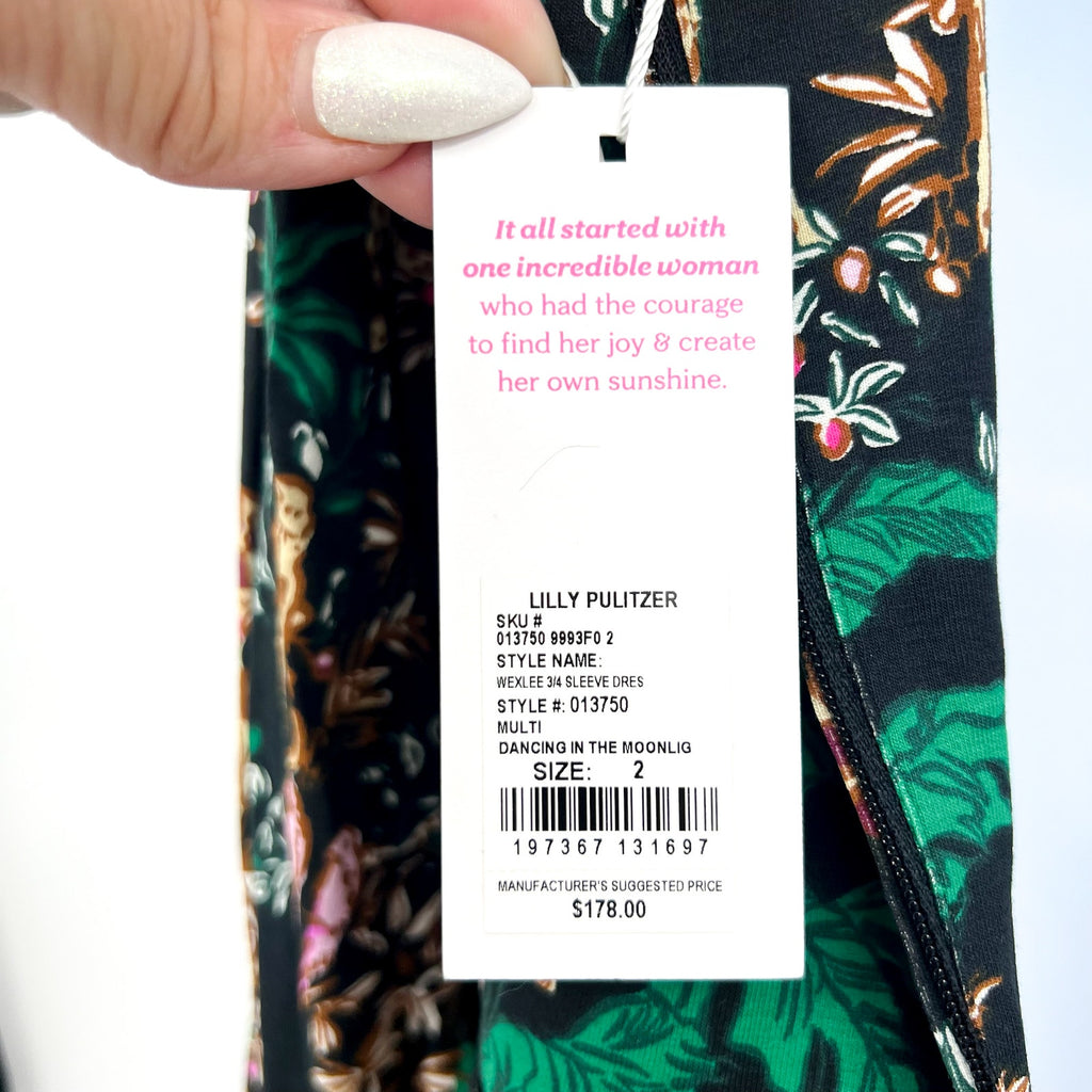 LILLY PULITZER Wexlee Dress Size 2 Green Dancing In The Moonlight 3/4 Sleeve NWT