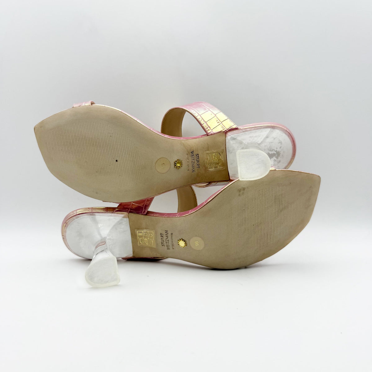 Stuart Weitzman Kristal Heeled Sandals Size 9 M Pink Iridescent Leather NIB