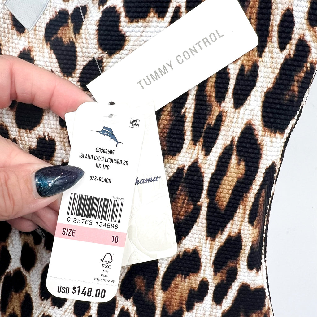 TOMMY BAHAMA Island Cays Leopard One-Piece Swimsuit Size 10 Black Tan NWT