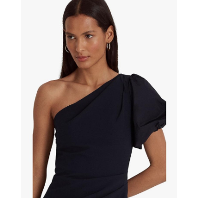 LAUREN RALPH LAUREN One-Shoulder Crepe Cocktail Dress Size 12 Navy Blue Midi NWT