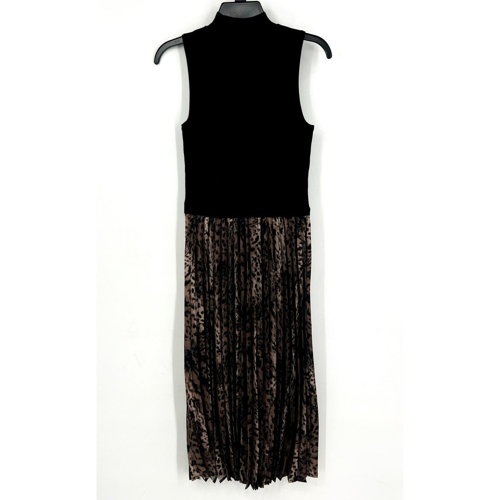 FORTUNE + IVY Womens Pleated Midi Dress Medium Black Tab Leopard Jersey NWOT
