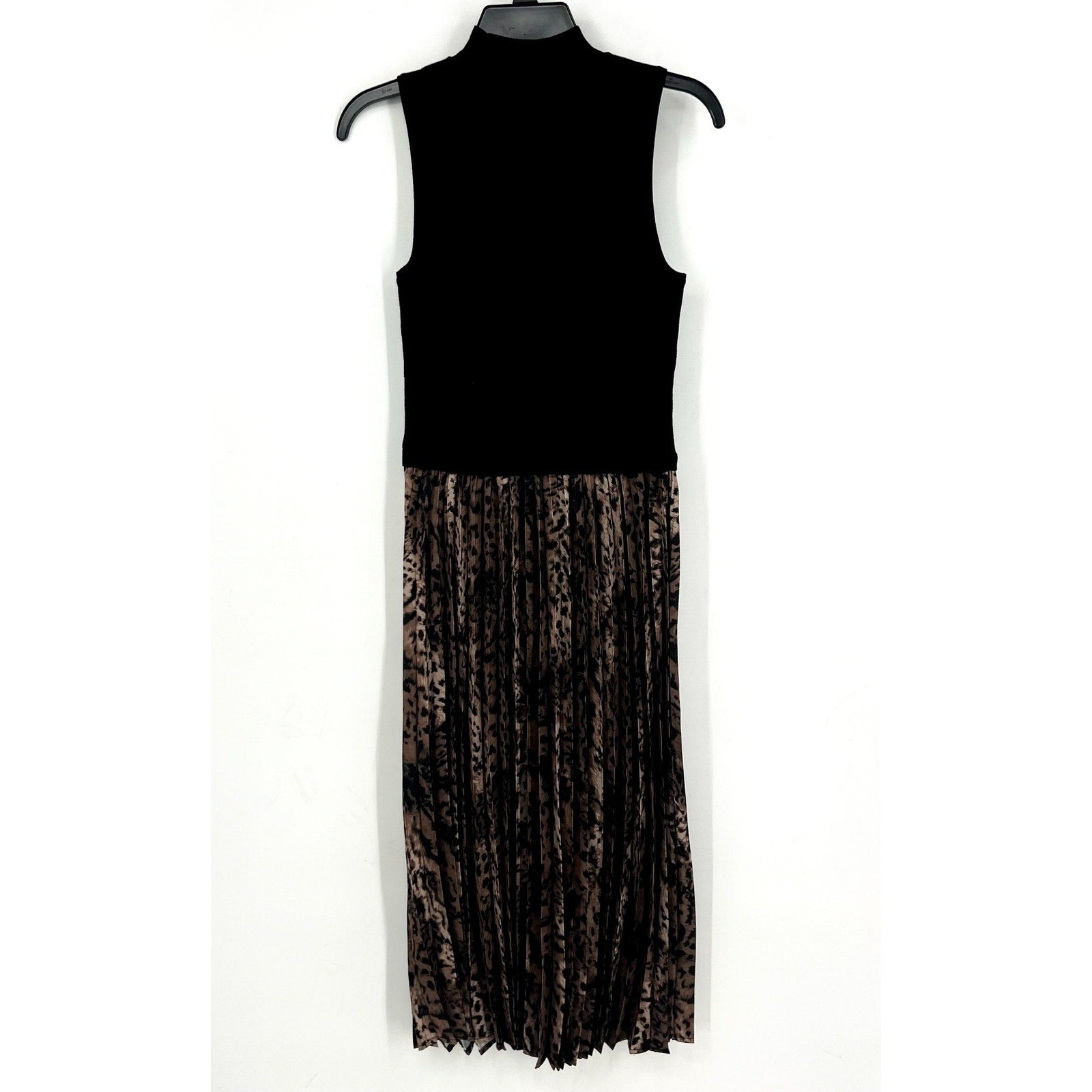 FORTUNE + IVY Womens Pleated Midi Dress Medium Black Tab Leopard Jersey NWOT