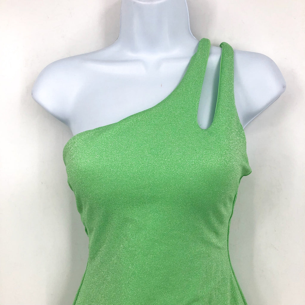 BECCA Glimmer Sparkly One Shoulder One Piece Swimsuit Large Lime Green NWT